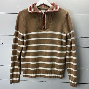 J. Crew Quarter Zip Striped Sweater in Camel/White Size Small